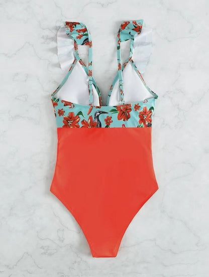 Swimwear Printed Panels with Ruffles, European and American Sexy Backless One Piece, Covering The Belly, and Slimming Bikini