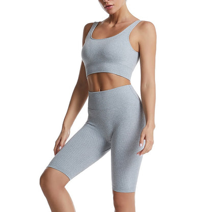Women's Threaded Yoga Suit Sportswear Summer Short-Sleeved Shorts Bra Tight-Fitting Clothes