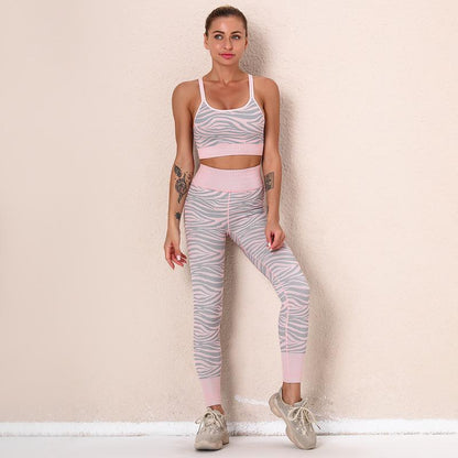 Women's Sexy Striped Knitted Yoga Wear Fitness Running Hip Lifting Leggings Seamless Sportswear Two Piece Suit