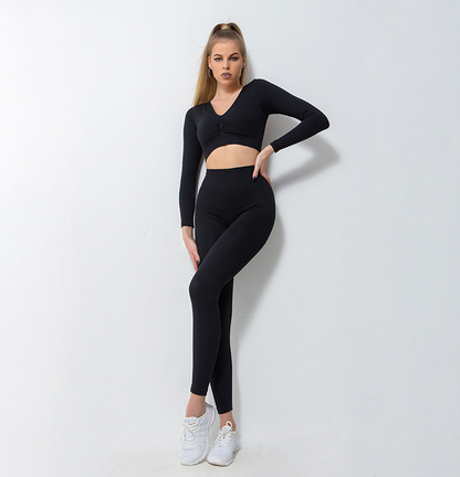Women's Yoga Clothing Suit Two-Piece Long-Sleeved Trousers Autumn and Winter Workout Clothes Seamless Knitted Quick-Drying Sportswear