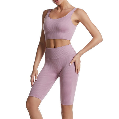 Women's Threaded Yoga Suit Sportswear Summer Short-Sleeved Shorts Bra Tight-Fitting Clothes
